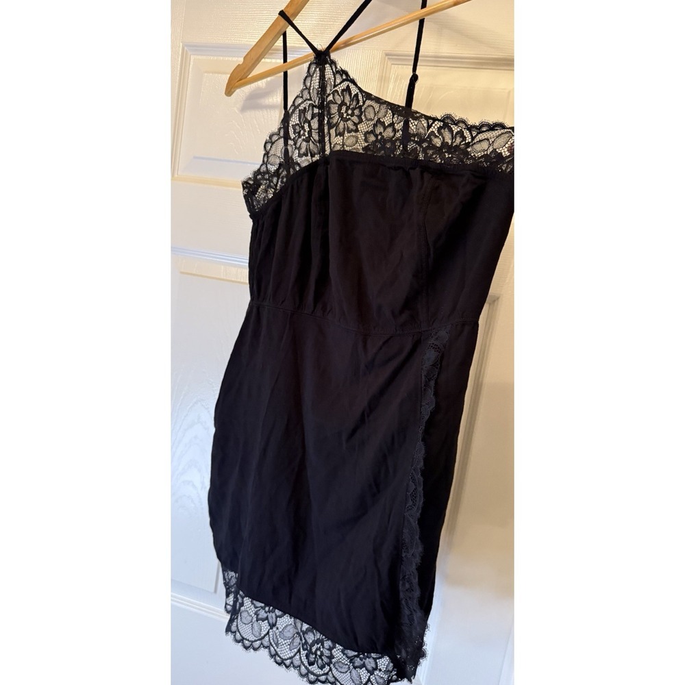 Free People Slip Dress Women Large Black Lace Trim Mini Adjustable Straps V-Neck